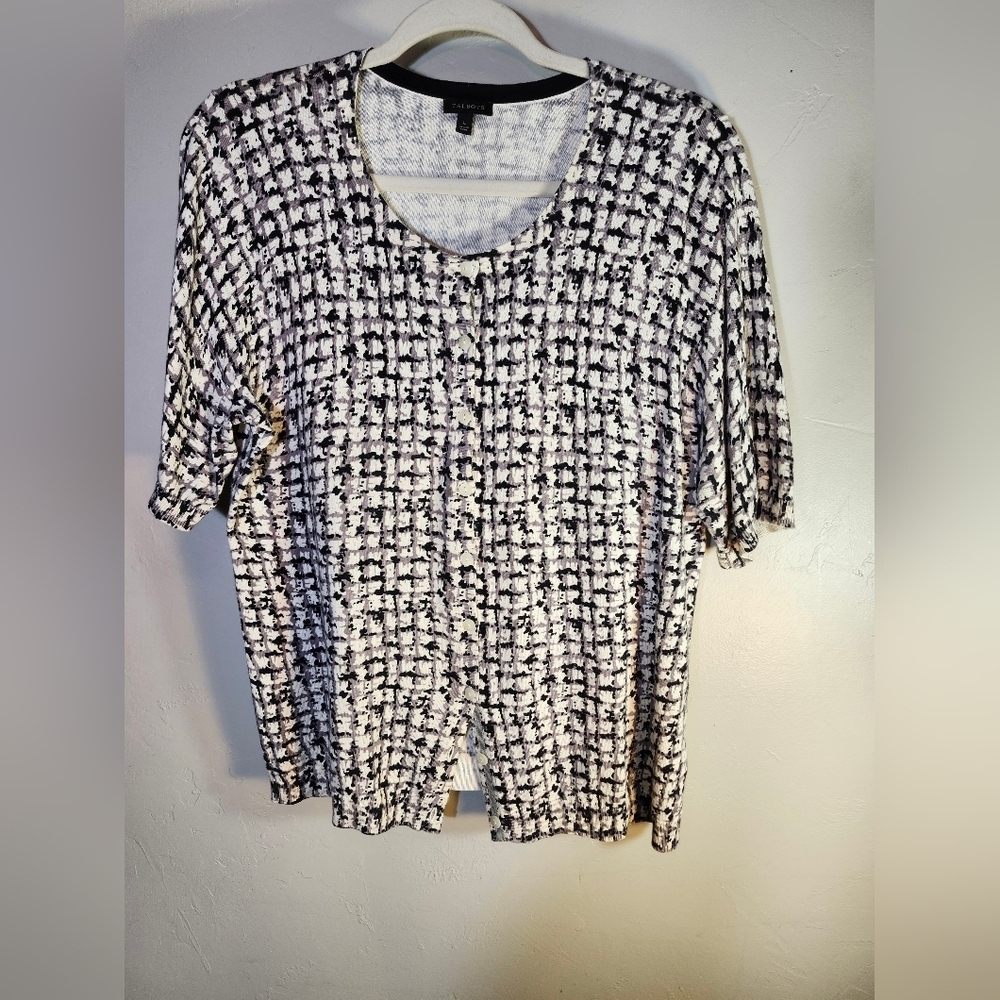 Talbots | Knit Short Sleeve Cardigan Black, Gray, & White Pattern Sz L